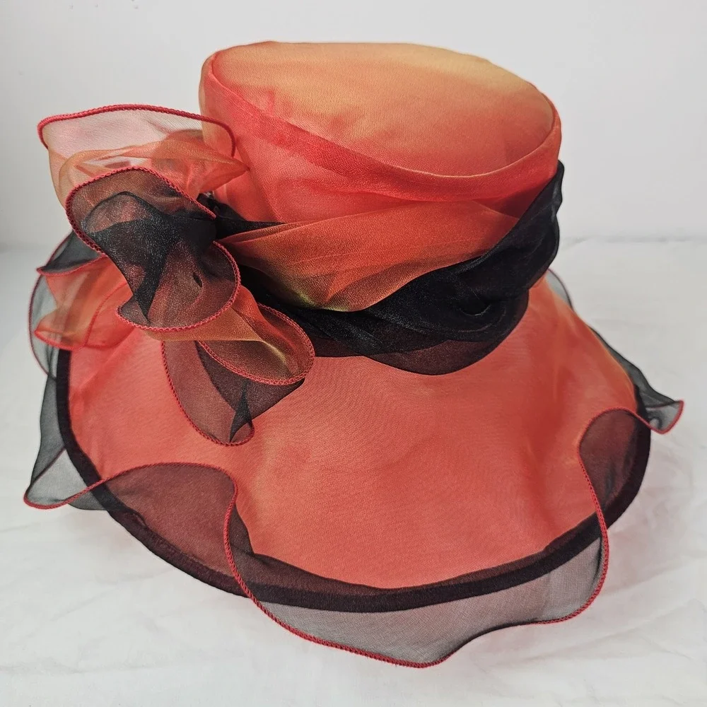 Forbusite Hat Womens Red Derby Church Easter Wide Brim Tea Garden Party Mesh